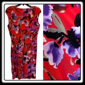 Lauren Red dress with black and purple floral pattern V-Neck Sz 14